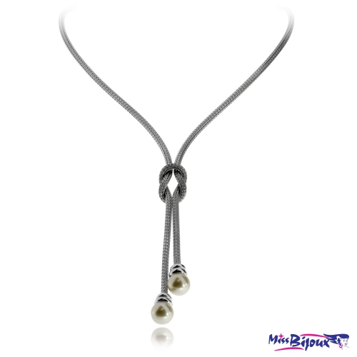 Stříbrný náhrdelník s perlami (syntetická perla) a ozdobným uzlem 