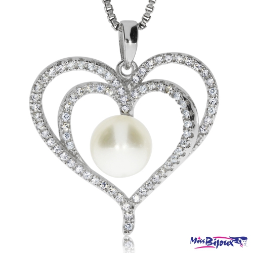 Stříbrný přívěsek s perlou a zirkony (kubická zirkonie) srdce
