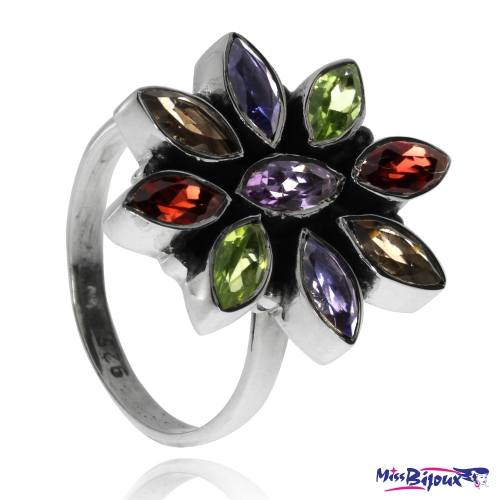 Stříbrný prsten s přírodními kameny - Květina 