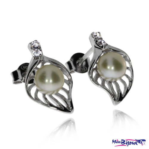 Stříbrná sada šperků s perlami (říční perla) a zirkony (cubic zirconia) - Tvar lístku