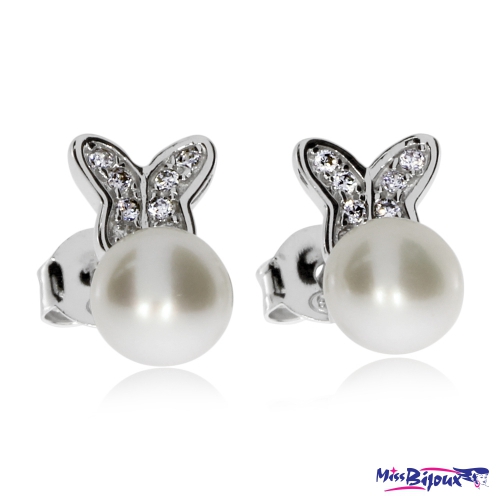 Stříbrné náušnice s říční perlou a zirkony (cubic zirconia) - Motýlci na perle