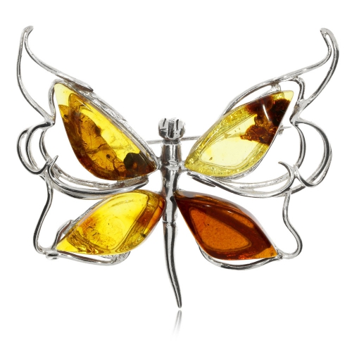 Stříbrná brož - Motýlek s jantarovými křídly