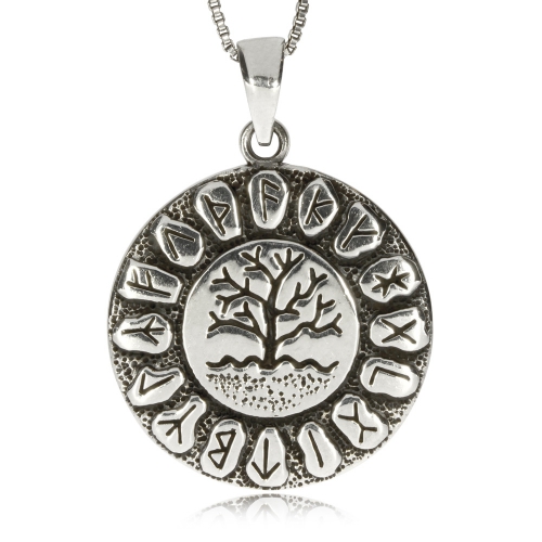 Stříbrný přívěsek - Strom života v kruhu s runami