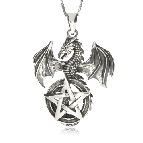 Stříbrný přívěsek - Drak s křídly na pentagramu