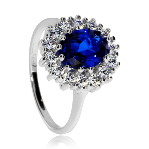Stříbrný prsten s modrým oválným kamenem a čirými zirkoniemi