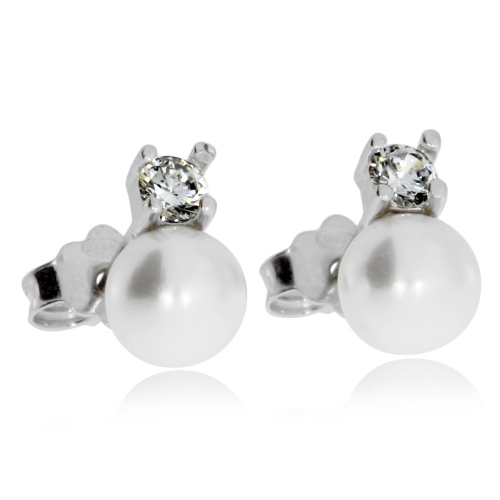 Stříbrné náušnice - Kulatá bílá perla s kamínkem
