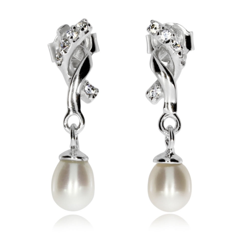 Stříbrné visací náušnice s přírodní perlou a zirkoniemi