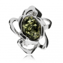 Stříbrná brož - zelený jantar v motivu květu